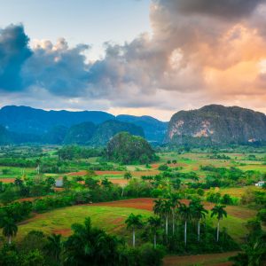 view of Vinales Valley at sunset, UNESCO, Pinar del Rio Province, Cuba, West Indies, Caribbean, Central America