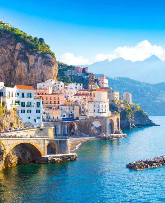 Morning view of Amalfi cityscape on coast line of mediterranean